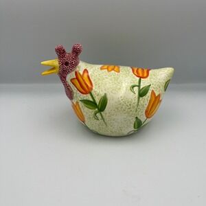 CBK LTD 1999 Handpainted Ceramic Chicken Figurine Tulips Green Farmhouse Decor